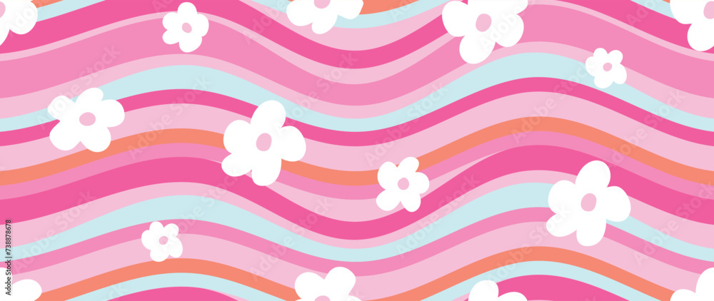 Groovy wavy stripe and daisy flowers seamless pattern. Psychedelic seamless vector. Hippie retro style for print and fabrics. Pretty pink colours. Used for fashion swimwear gifting teens and girls Groovy wavy stripe and daisy flowers seamless pattern. Psychedelic seamless vector. Hippie retro style for print and fabrics. Pretty pink colours. Used for fashion swimwear gifting teens and girls