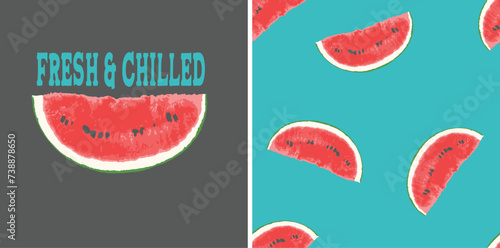 Seamless watermelons pattern. Fun slogan for t shirt shorts set or swimwear set. Vector background with watercolor watermelon slices. Boys wear or men's novelty summer tropical fruit print. 