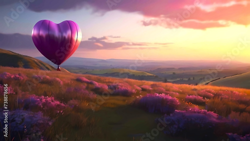 Purple hot air balloon at sunset against lovely landscape of lavender field, gorgeous meadow. Heart-shaped balloon, digital illustration of spring, summer nature, beautiful sky photo