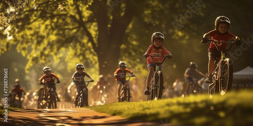 Young Cyclists Competing in a BMX Race - Children Wearing Helmets on Track