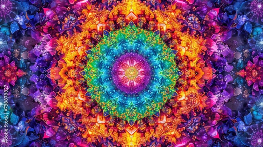 Digital art presenting a mesmerizing psychedelic mandala with intricate patterns and a kaleidoscope of vibrant colors.
 - obrazy, fototapety, plakaty 