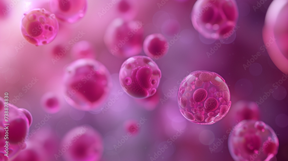 3D Rendering of Pink Spherules, Possibly Microorganisms or Cells, in a Close-up View 3D Rendering of Pink Spherules, Possibly Microorganisms or Cells, in a Close-up View