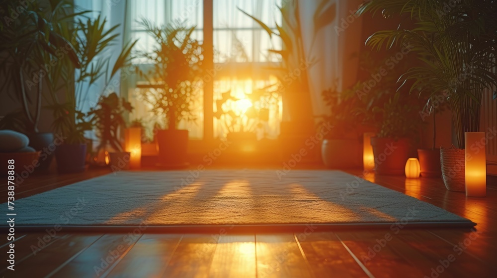 A serene home yoga space at sunset, warmly lit with candles and surrounded by indoor plants, inviting a peaceful meditation practice.
 - obrazy, fototapety, plakaty 
