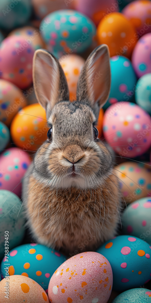 Hase umgeben von bunten Ostereiern Hase umgeben von bunten Ostereiern