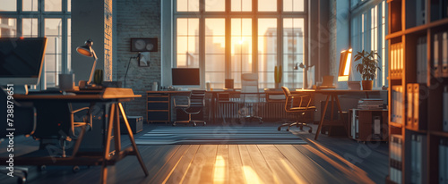 Modern Office Space with Sunset View through Large Windows