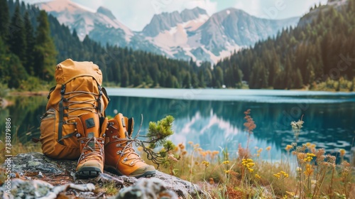 Hiking backpack and hiking boots, mountain and lake background, copy space, 16:9