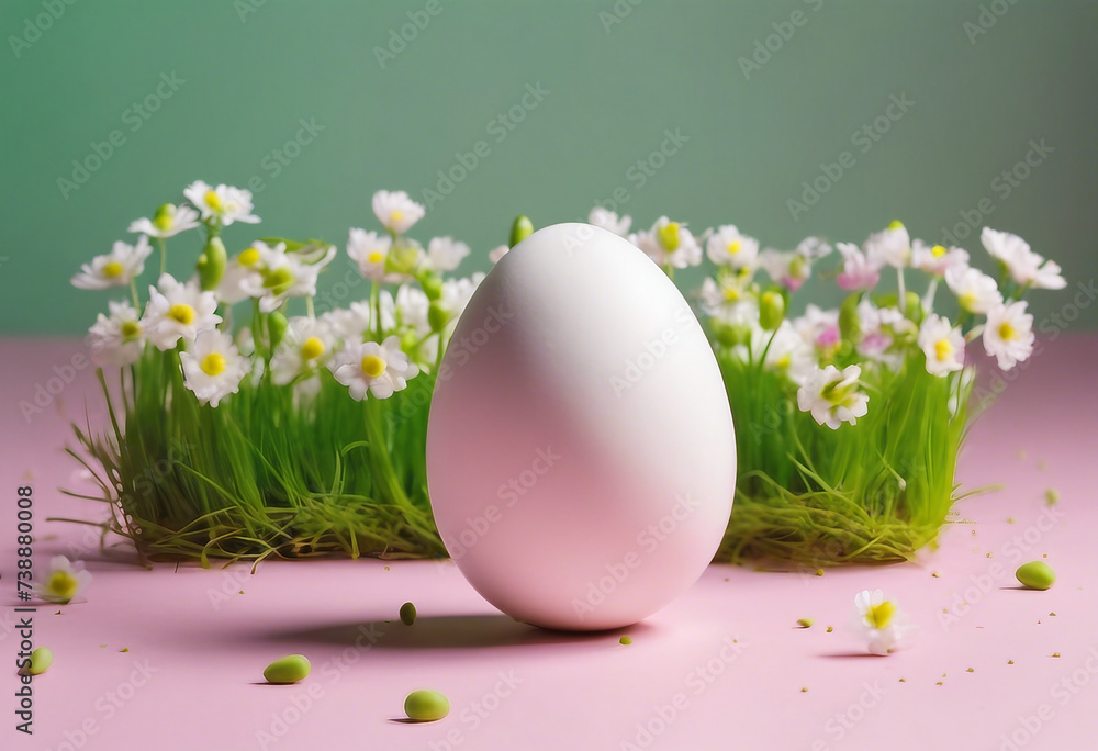Life Easter concept Green sprouts and spring flowers in white egg on pink background copy space