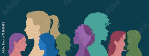 Silhouette of a group of multiethnic people. Racial equality in a multicultural society. Anti-racism concept. Profile silhouettes of different people