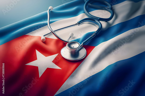 A stethoscope on the Cuban flag, representing Cuba’s healthcare system