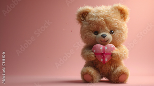 A cute teddy bear holds a heart-shaped gift against a soft pink background. This image is perfect for: love, gifts, affection, celebrations, relationships. photo