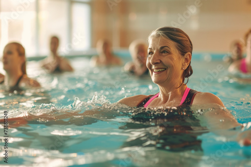 Senior Woman Enjoying Water Aerobics Class in Swimming Pool