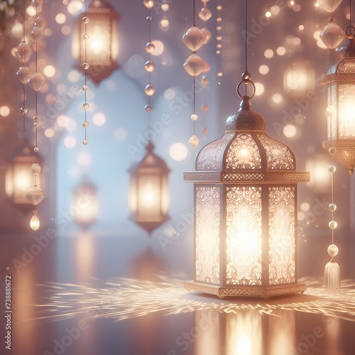 3d painting Islamic lantern Eid lamps with the word Ramadan wallpaper