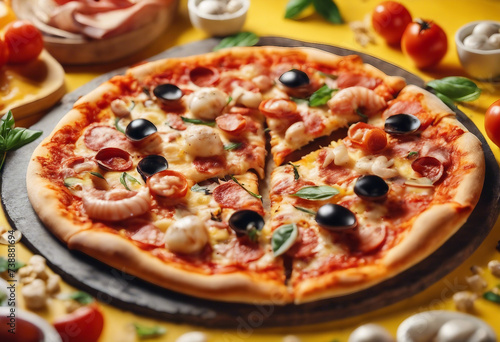 Selection of Assorted pieces pizza on yellow background Pepperoni Vegetarianon wooden board