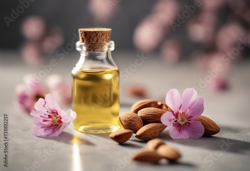 Small bottle of almond oil almonds and flowers