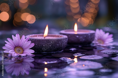 a purple candles with a flower on the water © VSTOCK
