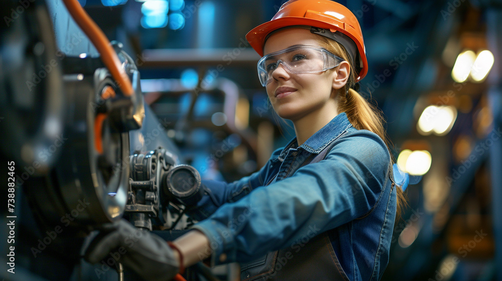 smiling female worker in modern industrial environment working smiling female worker in modern industrial environment working