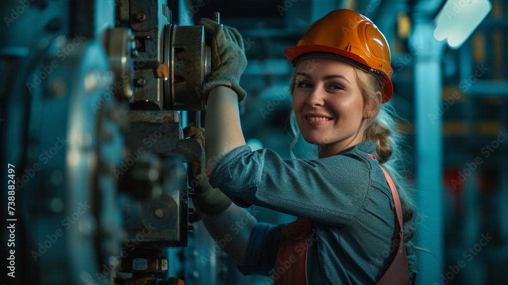 smiling female worker in modern industrial environment working smiling female worker in modern industrial environment working