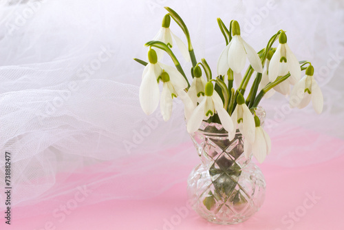 Pink spring card-tiny white snowdrop flowers bouquet on glass vase. Easter flowers, women's day, 8 march, Mother's day, spring template with place for text