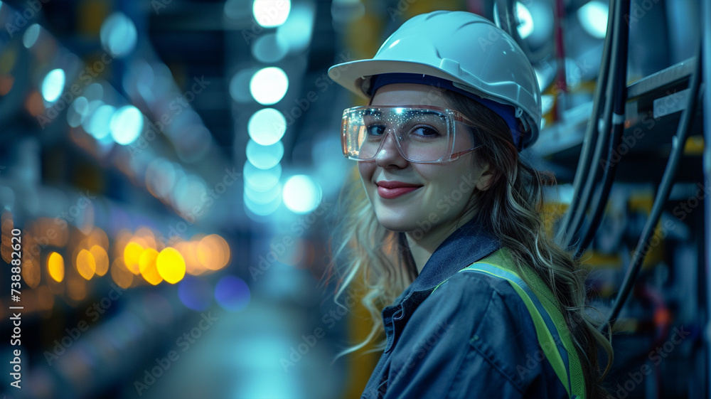 smiling female worker in modern industrial environment working smiling female worker in modern industrial environment working
