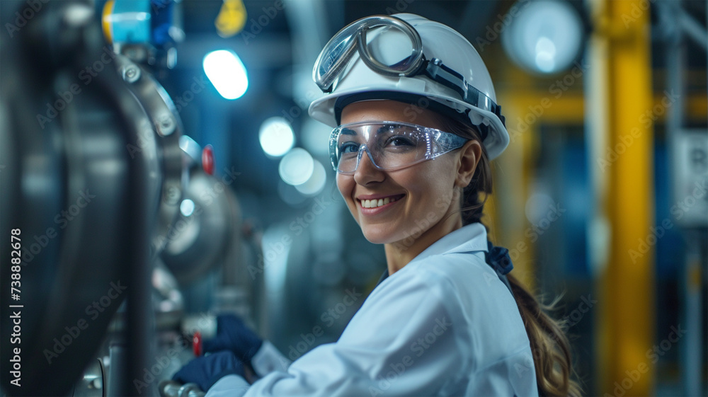 smiling female worker in modern industrial environment working smiling female worker in modern industrial environment working
