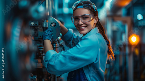 smiling female worker in modern industrial environment working