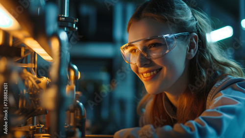 smiling female worker in modern industrial environment working