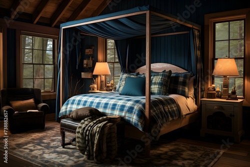A cozy cabin retreat featuring a rustic plaid bed canopy in deep sea blue walls. Concept Cozy Cabin Retreat, Rustic Plaid Bed Canopy, Deep Sea Blue Walls