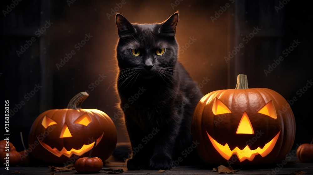 Surreal scene of a black cat near a glowing pumpkin, creating a Halloween ambiance. Surreal scene of a black cat near a glowing pumpkin, creating a Halloween ambiance.