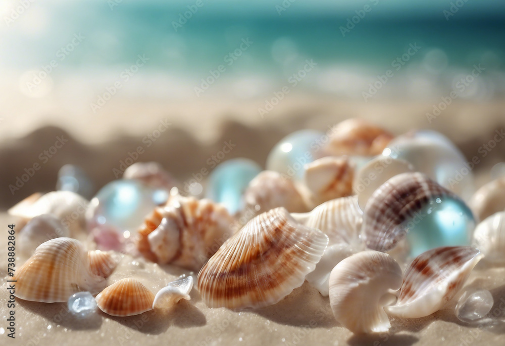 Transparent water sea shells background Backdrop for natural cosmetic beauty sun protection spa product Summer and shells on seashore Transparent water sea shells background Backdrop for natural cosmetic beauty sun protection spa product Summer and shells on seashore