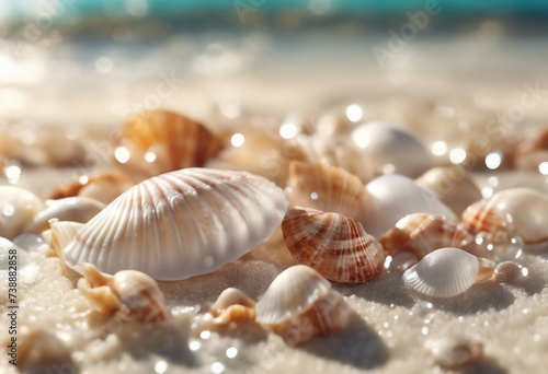 Transparent water sea shells background Backdrop for natural cosmetic beauty sun protection spa products Shells on beach © FrameFinesse