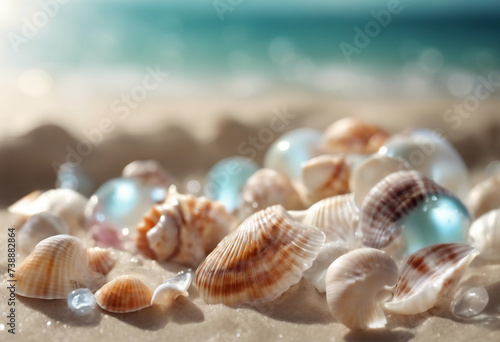 Transparent water sea shells background Backdrop for natural cosmetic beauty sun protection spa product Summer and shells on seashore   © FrameFinesse