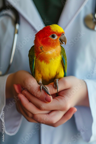 a veterinarian examines a parrot