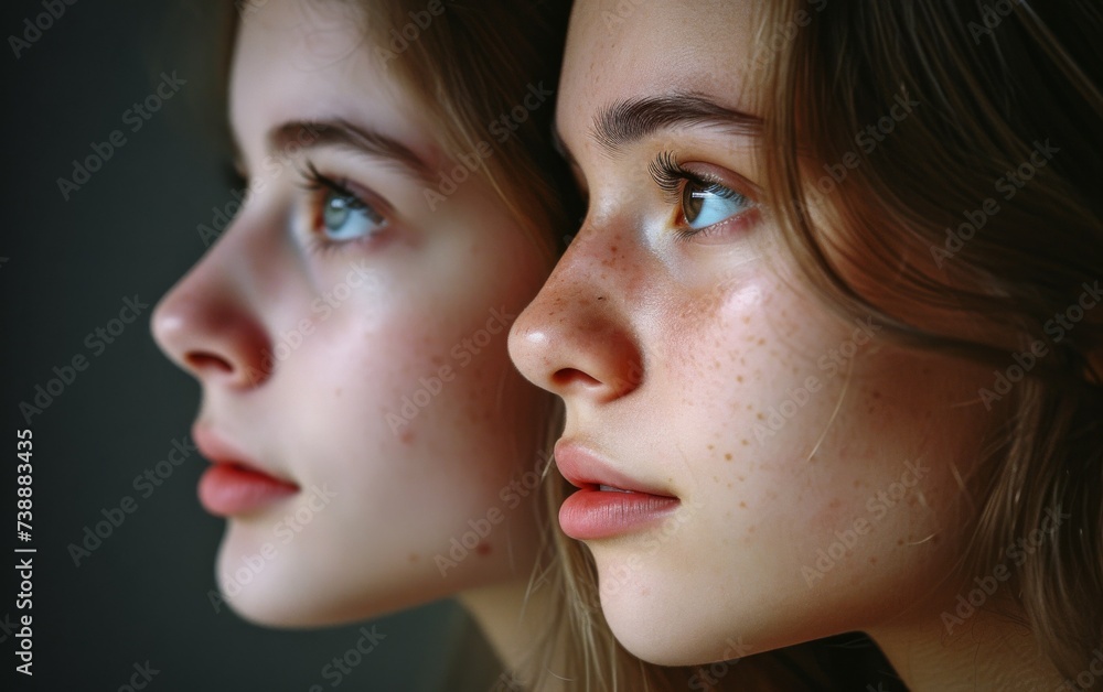 The photo captures two young women with freckles on their faces, showcasing their natural beauty and unique features. Both individuals exude confidence and radiate charm as they pose for the camera The photo captures two young women with freckles on their faces, showcasing their natural beauty and unique features. Both individuals exude confidence and radiate charm as they pose for the camera