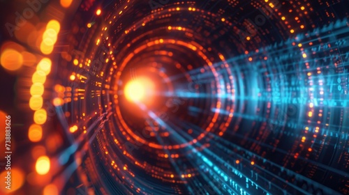 Futuristic visualization of a digital data tunnel with flowing lines of code and light points, symbolizing high-speed data transfer and advanced communication technology.