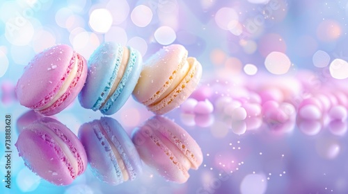 Exquisite macarons adorned with delicate sugar pearls, displayed against a dreamy pink and blue bokeh background, embodying a sense of luxury and sweetness.