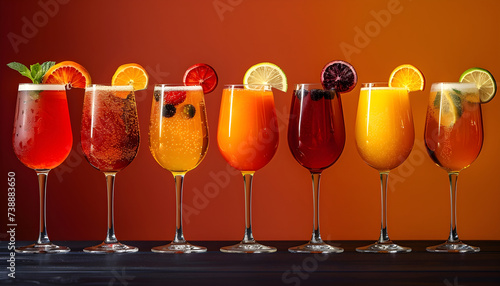 Glass glasses with different drinks on a bright background. photo
