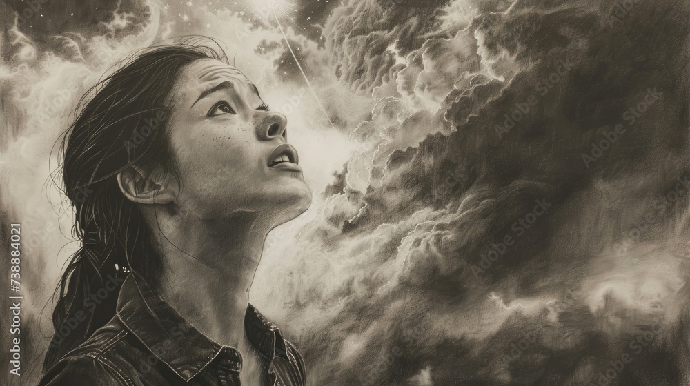 Black and white illustration of a woman looking up, praying towards the sky. Worship. Black and white illustration of a woman looking up, praying towards the sky. Worship.