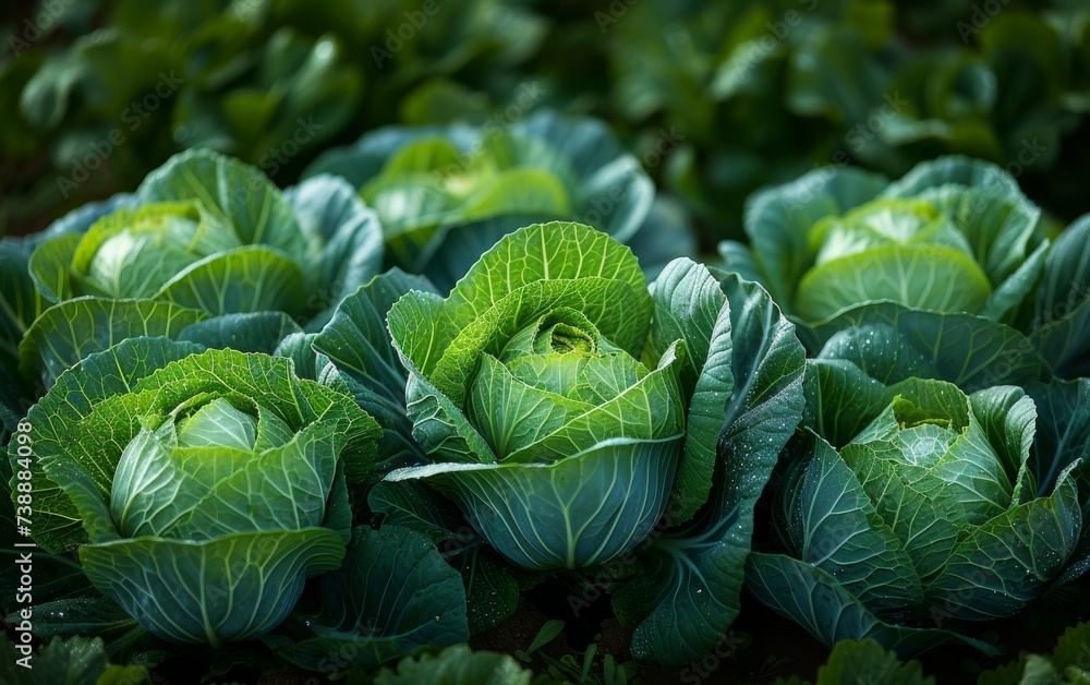 Fototapeta premium A group of green cabbages growing healthily in a well-tended garden under the sunlight, showing various stages of growth and vibrant shades of green