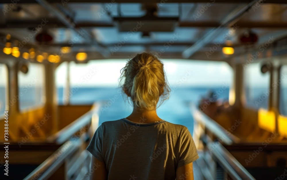 A multiracial woman stands on a boat, gazing out at the vast expanse of ...