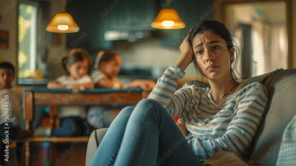 tired-looking young woman with her hand on her head sitting on a couch, with two young children in the background tired-looking young woman with her hand on her head sitting on a couch, with two young children in the background