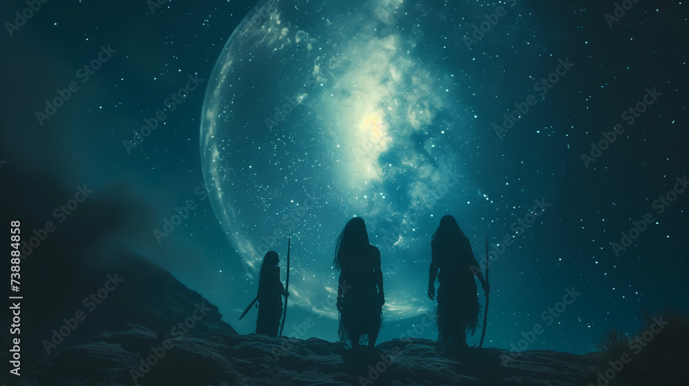 Ancient Hunter Gatherer Warriors' Moonlit Quest: An Atmospheric Digital Illustration of Tribal Journey Under a Cosmic Sky Ancient Hunter Gatherer Warriors' Moonlit Quest: An Atmospheric Digital Illustration of Tribal Journey Under a Cosmic Sky