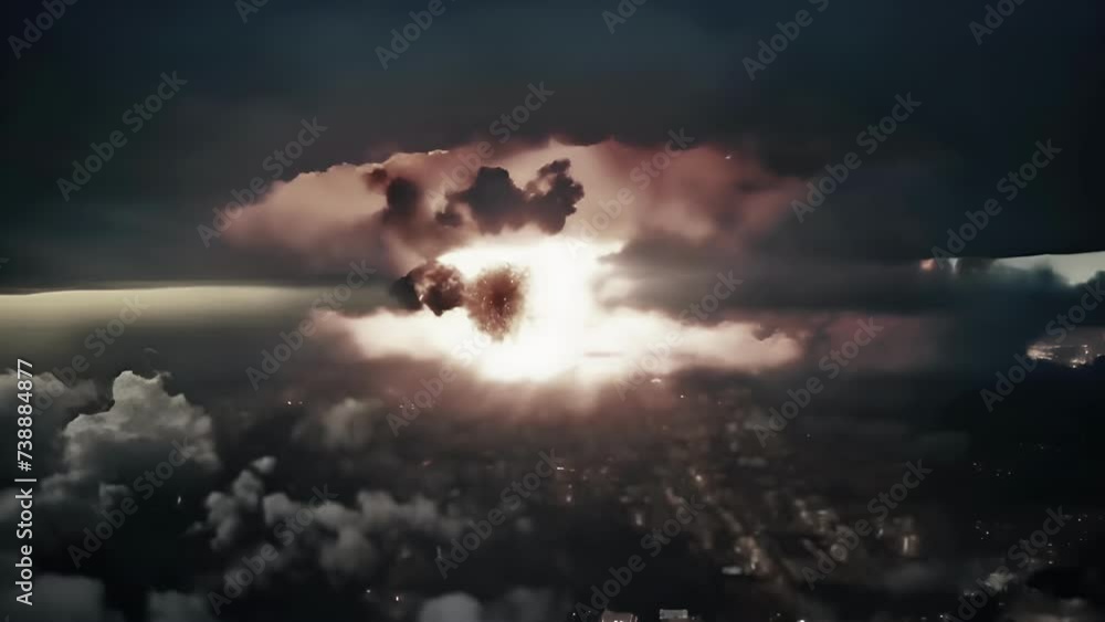 Nuclear explosion day or night. Stormy sky, shock wave against the background of a nuclear fungus in the process of releasing thermal and radiant energy as a result of an uncontrolled nuclear fission Nuclear explosion day or night. Stormy sky, shock wave against the background of a nuclear fungus in the process of releasing thermal and radiant energy as a result of an uncontrolled nuclear fission
