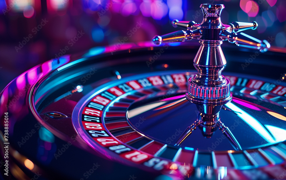 This close-up photo captures a detailed view of a casino roulette wheel in action, with multiracial people placing bets and the ball spinning around the numbers. The vibrant colors of the wheel and th This close-up photo captures a detailed view of a casino roulette wheel in action, with multiracial people placing bets and the ball spinning around the numbers. The vibrant colors of the wheel and th
