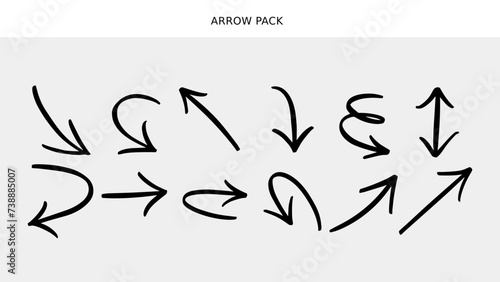 Arrow set, straight arrow, curly arrow, down arrow, abstract hand drawn arrow shapes.