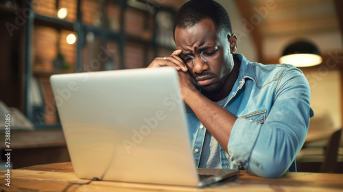 man sitting at a desk with his head in his hands, looking stressed or frustrated in front of an open laptop.