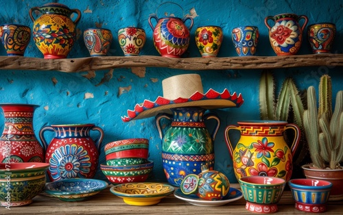 A shelf filled with an assortment of vibrant vases and bowls in different shapes, sizes, and colors. The array of items creates a visually striking display that adds a pop of color to the room
