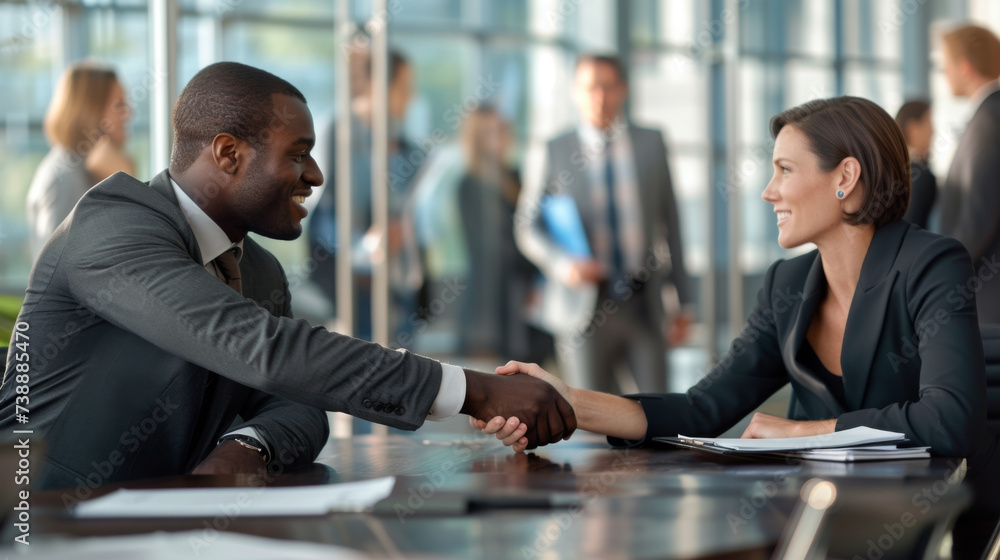 two professional individuals are in a cheerful business meeting, shaking hands across a table in a modern office setting. two professional individuals are in a cheerful business meeting, shaking hands across a table in a modern office setting.