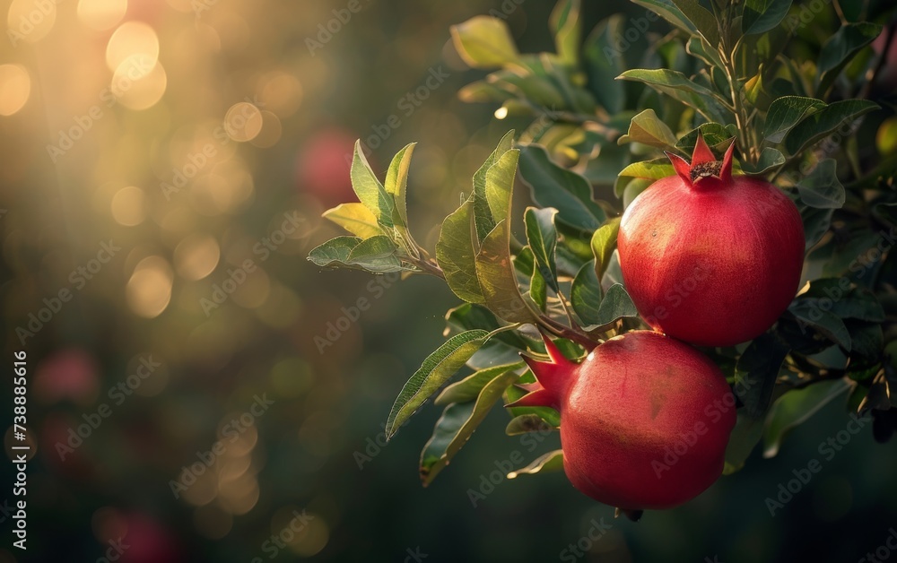 In this photo, two ripe apples are seen hanging from a tree branch. The apples are bright red and look ready to be picked. The background is filled with green leaves, emphasizing the natural setting o