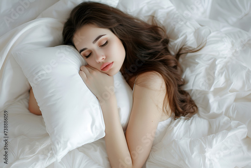 A young girl is sleeping on a soft bed hugging a white pillow