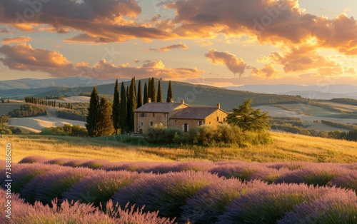 A photo of a field filled with blooming lavender flowers, with a distant house visible on the horizon. The purple flowers contrast with the greenery of the field, creating a serene and picturesque sce photo